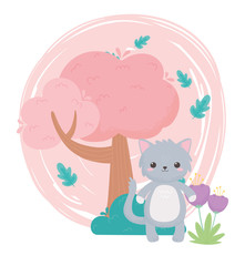 cute gray cat flowers tree bush cartoon animals in a natural landscape
