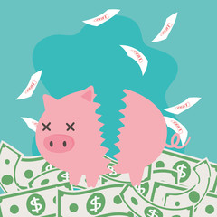 bankruptcy business financial crisis broken piggy bank falling debt and banknotes money