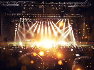 Image shot during a music festival. Light comes from a stage with a band show, people silhouettes...