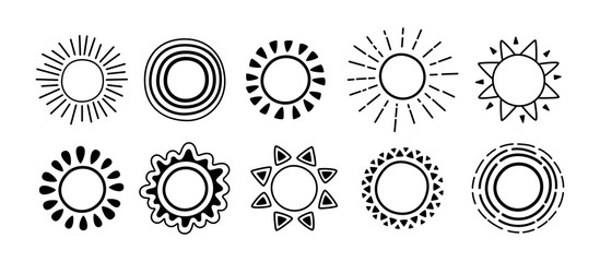 Sun black icon doodle set. Sun with sunbeams cartoon sketch. Graphic hand drawn monochrome cute suns. Funny childish sunny collection. For poster, print, card or books. Isolated vector illustration