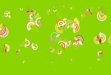 Light Pink, Green vector backdrop with rainbows, clouds.