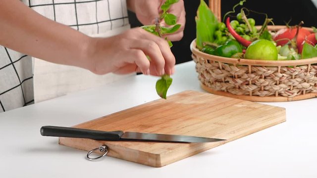 Woman picking fresh basil, prepare to cook in kitchen.