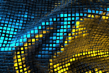 a field of Golden cubes in space illuminated by blue and yellow light. Picture for your background. 3d illustration
