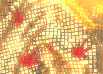 Field of Golden cubes in space with red precious crystals. Top aerial view. 3d illustration