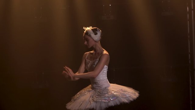 Graceful ballerina in a chic image of a white swan. Young beautiful girl in a white tutu with sequins and a crown. Classic ballet pas. Shot in a dark studio with smoke and neon lighting. Slow motion.