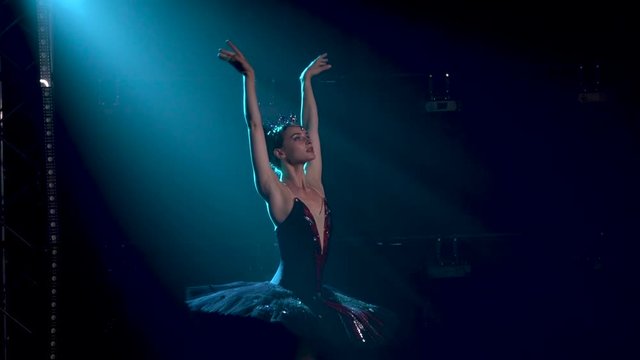 Graceful ballerina in a chic image of a black swan. Young beautiful girl in a black tutu with sequins and a crown. Classic ballet pas. Shot in a dark studio with smoke and neon lighting. Slow motion.