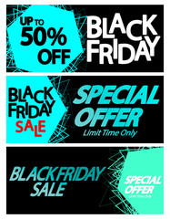 Black Friday Sale, set web banners design template, up to 50% off,  vector illustration