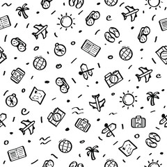 Seamless Pattern Abstract Doodle Elements Hand Drawn Collection Travel Tourism Sketch Vector Design Style Background Summer Sun Compass Camera Plane Glasses Ticket Illustration
