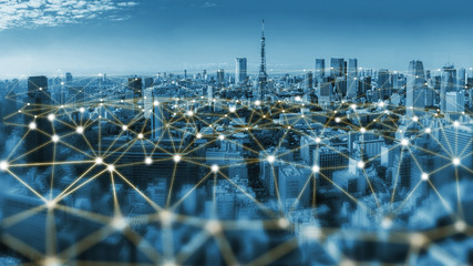 The modern creative communication and internet network connect in smart city . Concept of 5G...