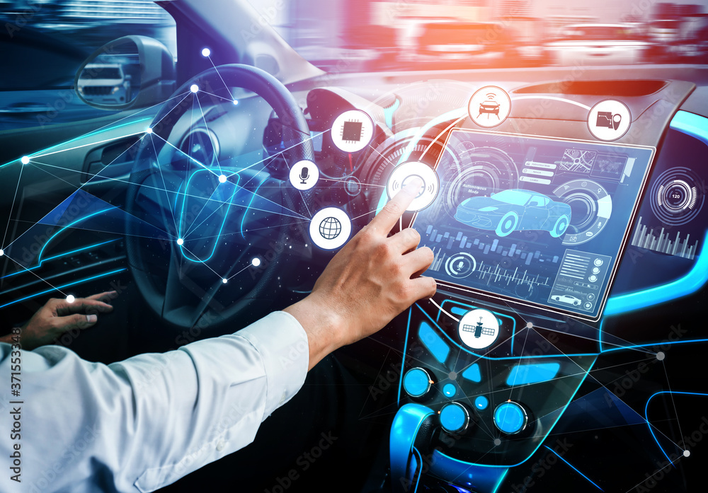 Wall mural driverless car interior with futuristic dashboard for autonomous control system . inside view of coc