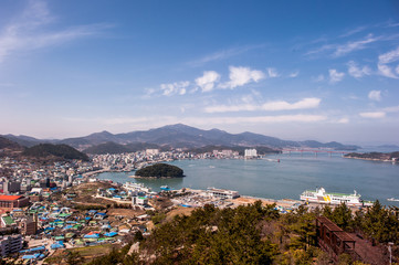 The beautiful landscape of harbor background flower and blue sky.