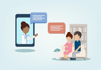 Online doctor service with doctor on mobile phone flat design vector illustration