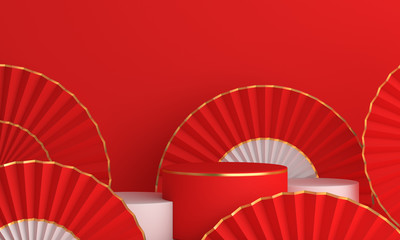 Happy Mid Autumn festival or Chinese new year podium display mockup background with hand paper fan, gong xi fa cai, template, 3D rendering illustration.