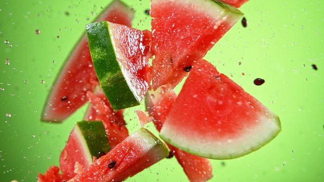 Super Slow Motion Shot of Fresh Water Melon Collision with Splashing Water. Filmed on high speed cinema camera at 1000fps.