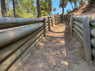 Canakkale, Turkey - 01/08/2020: 
trenches during the Turkish military battle of Çanakkale, Battle of Chunuk Bair - military trench, first world war