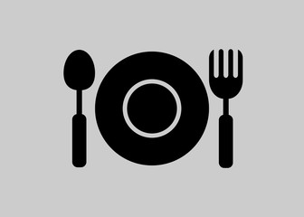 Plate, fork and spoon vector icon gray background. EPS 10