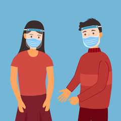 Man and woman wearing face mask and a plastic medical face shield with city building on background. Close up shot girl and guy wearing Covid-19 coronavirus protective mask. Virus protection equipment.