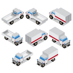 A set of trucks. Isolated on white background. Isometric. Vector illustration.