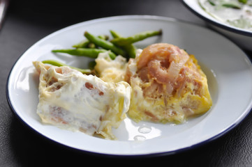 egg with sour pork , steamed egg with pork