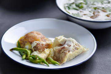 egg with sour pork , steamed egg with pork