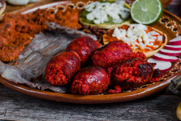 Chorizo spicy meat is grilled mexican barbecue from Oaxaca Mexico sausages