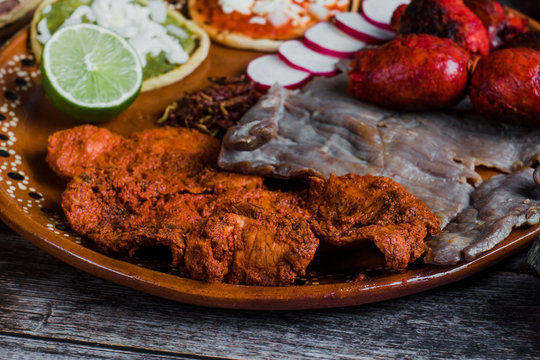 Cecina o tasajo and spicy meat is grilled mexican barbecue from Oaxaca Mexico