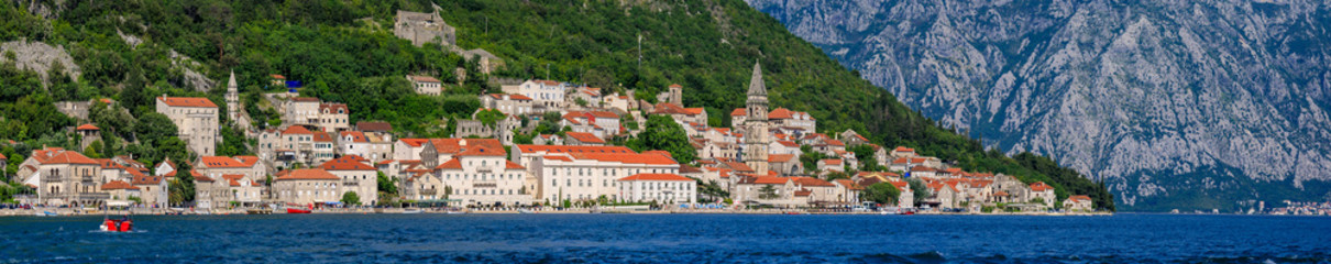 Panorama of Perast in Kotor Bay day with mountains in the background, Montenegro