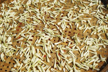 Closeup of peeled onion scallions drying in the sun on a handmade bamboo basket in rural Southeast Asia