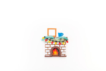 Christmas fireplace. Diy craft paper. Copy space