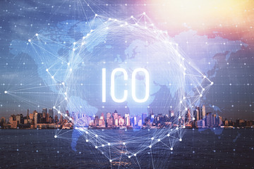 Double exposure of crypto currency theme hologram drawing and city veiw background. Concept of...