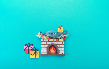 Christmas fireplace. Diy craft paper. Copy space