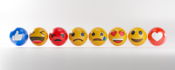 Emoji Icons Set With Facial Expressions. Social Media Concept White Background 3D Rendering