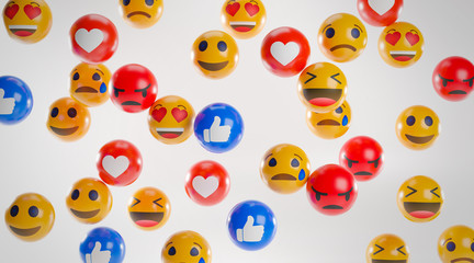 Emoji Icons With Facial Expressions. Social Media Concept White Background 3D Rendering