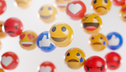 Emoji Icons With Facial Expressions. Social Media Concept White Background 3D Rendering