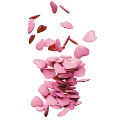 Explosion of many delicate pink hearts isolated on white background. Decorative heart-shaped elements. 3D Render 
