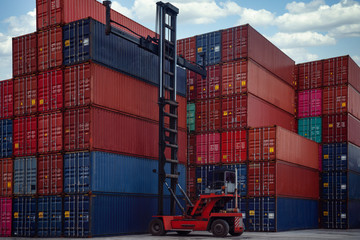 Stack of container box in transportation port with container lift car,