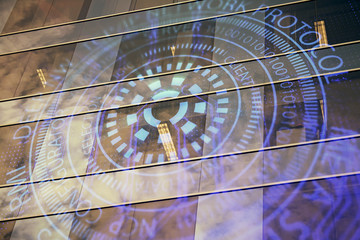 Data theme hologram drawing on city view with skyscrapers background multi exposure. Bigdata concept.
