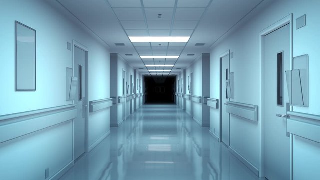 scary hospital corridor with lights turning off. 3d rendering. 