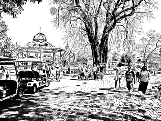 Tourists in the park illustration creates a black and white style of drawing.