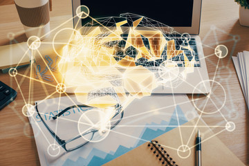 Double exposure of desktop computer and human brain drawing hologram. Ai concept.