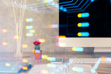Double exposure of desktop with computer on background and tech theme drawing. Concept of big data.