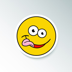 Emoji isolated on sticker, smiling face with stuck-out tongue. Vector illustration.