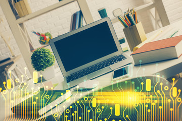 Multi exposure of desktop with personal computer and tech theme drawing. Concept of Bigdata.