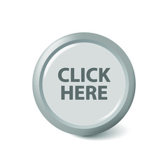 Gray bright CLICK HERE push button icon for internet website with drop shadow. Business vector illustration.