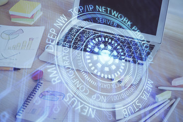 Double exposure of computer and technology theme hud. Concept of innovation.