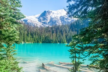 a mountain lake and a snowy mountain peak