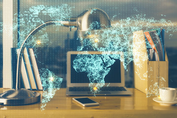 Computer on desktop with social network theme icon. Multi exposure. Concept of international...