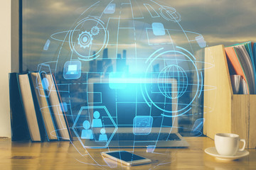 Computer on desktop with social network theme icon. Multi exposure. Concept of international connections.