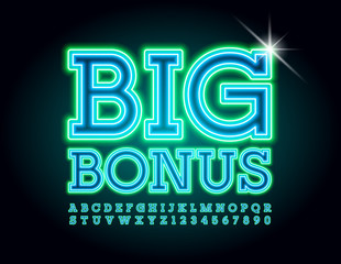Vector Glowing template Big Bonus. Neon modern Font. Electric light Alphabet Letters and Numbers set