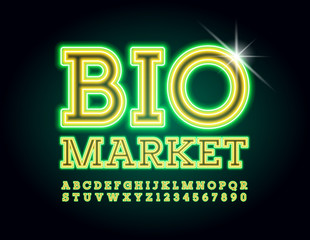 Vector eco label Bio Market. Green and Yellow Neon Font. Bright electric Alphabet Letters and Numbers